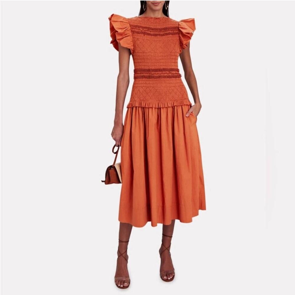 Ulla Johnson Madeline Smocked Midi Dress Ruffled Flutter Sleeve Rust Size 6